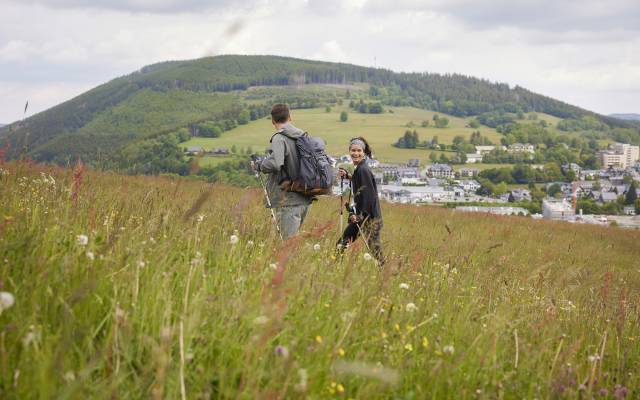 Wanderung Nordic Walking über Wiese im Sauerland