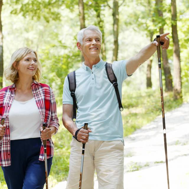 Paar mit Wanderstöcken im Wald